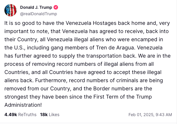 Trump post on Truth Social announcing Venezuela will take back their immigrants. 